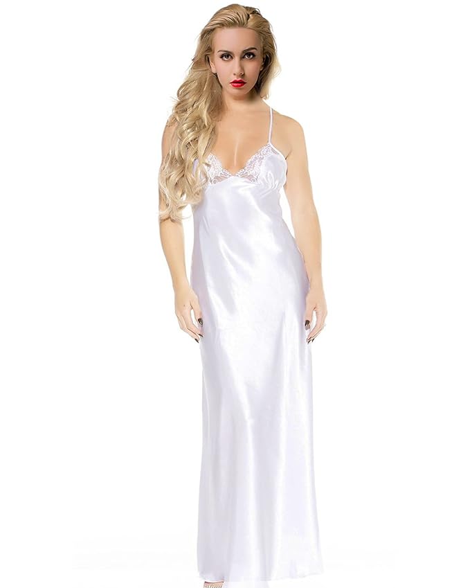 Runya Damen Satin Nachthemd Lange Negligee Nachtwasche Nachtkleid Schwarz Weiss Plus Grosse