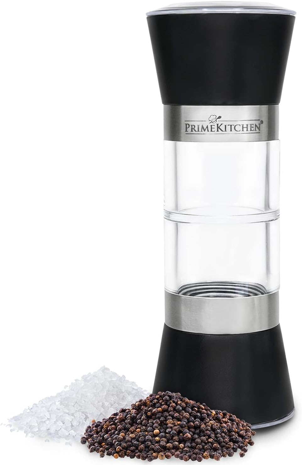 PrimeKitchen dual salt and pepper mill, stainless steel, qualitative spice mill, easily adjustable ceramic grinder, real eye-catching kitchen, valuable noble design black/black