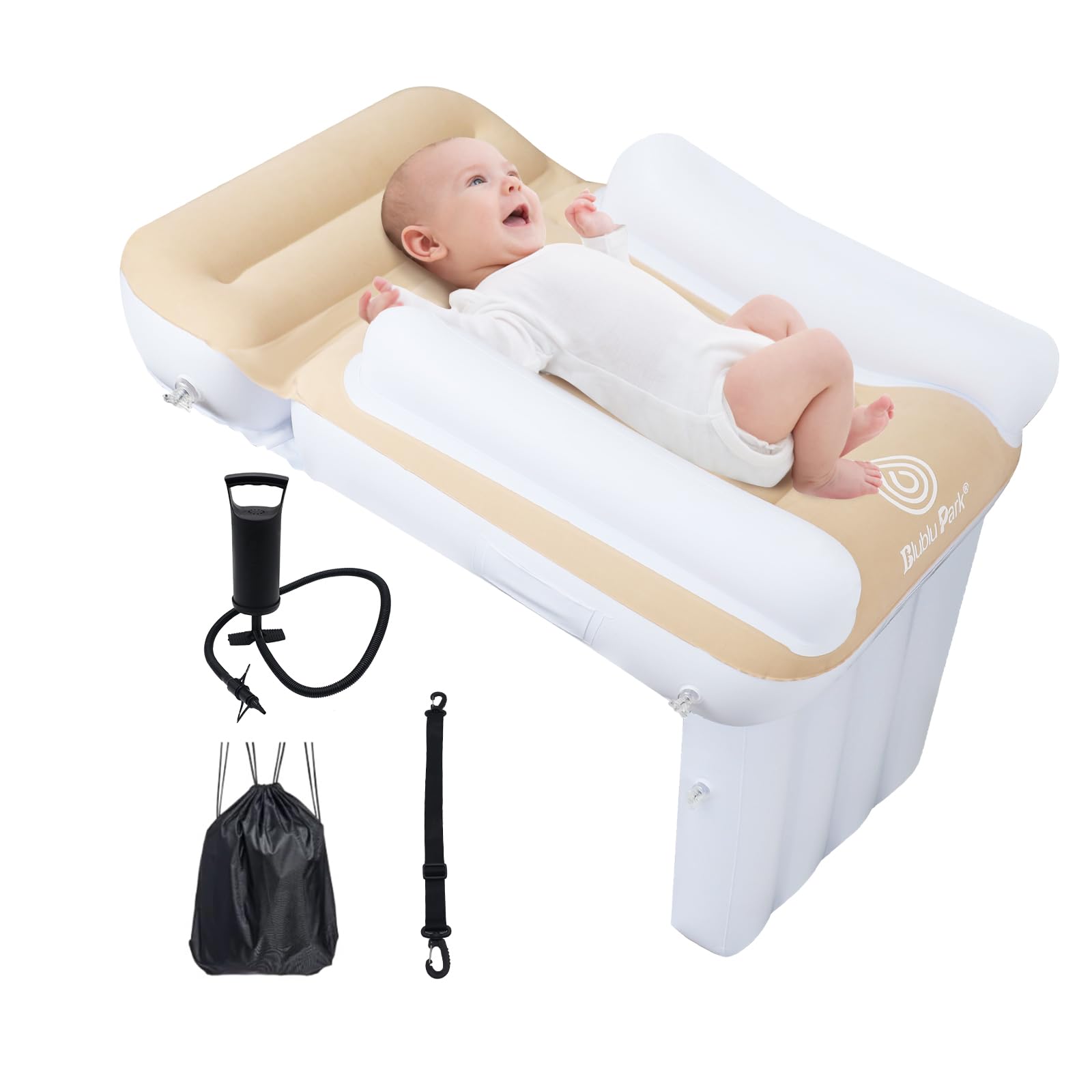 Photo 1 of Blublu Park Kids Bed Airplane, Inflatable Toddler Bed for Kids Seat Extender, Toddler Plane Beds with Sides Pump Belt, Air Mattress Fits Seats of Flight, Car, Train (Cream)