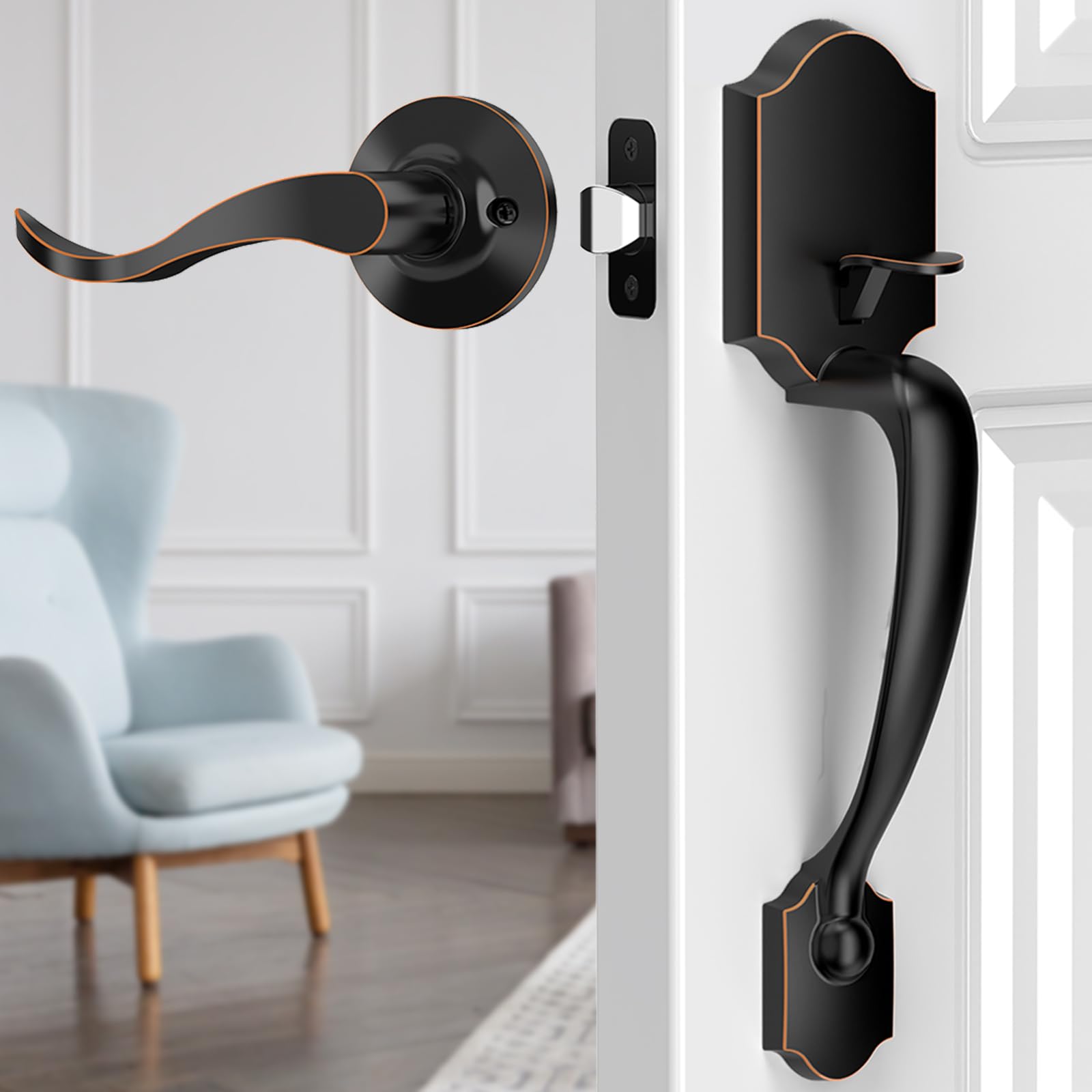 Photo 1 of MAXECURITY Front Door Handle, Bronze Exterior Door Handle with Reversible Lever, Classic Front Entry Door Handle for Right or Left Handed Doors, Front Door Handle No Lock, Oil Bronze