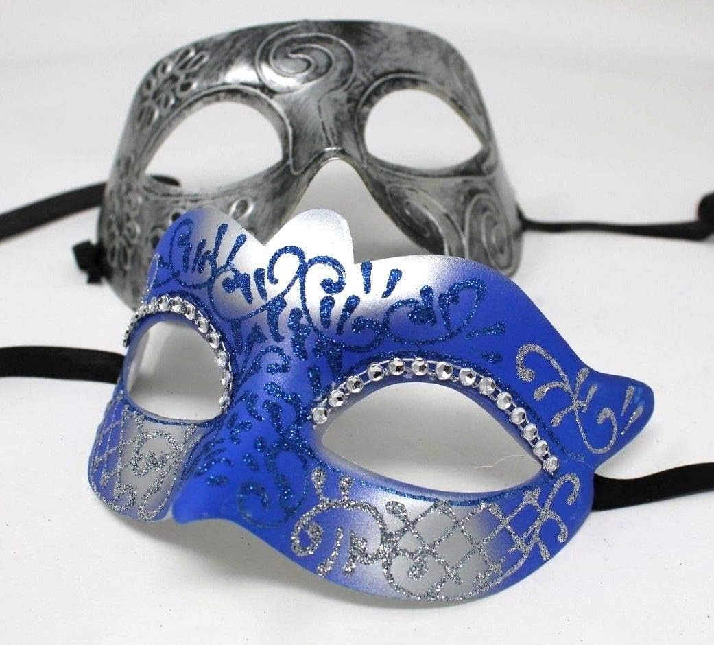 HIS N HERS PAIR OF CO-ORDINATED SILVER & BLUE COUPLES VENETIAN MASQUERADE CARNIVAL PARTY BALL EYE MASKS, Silver Blue, 8cm deep