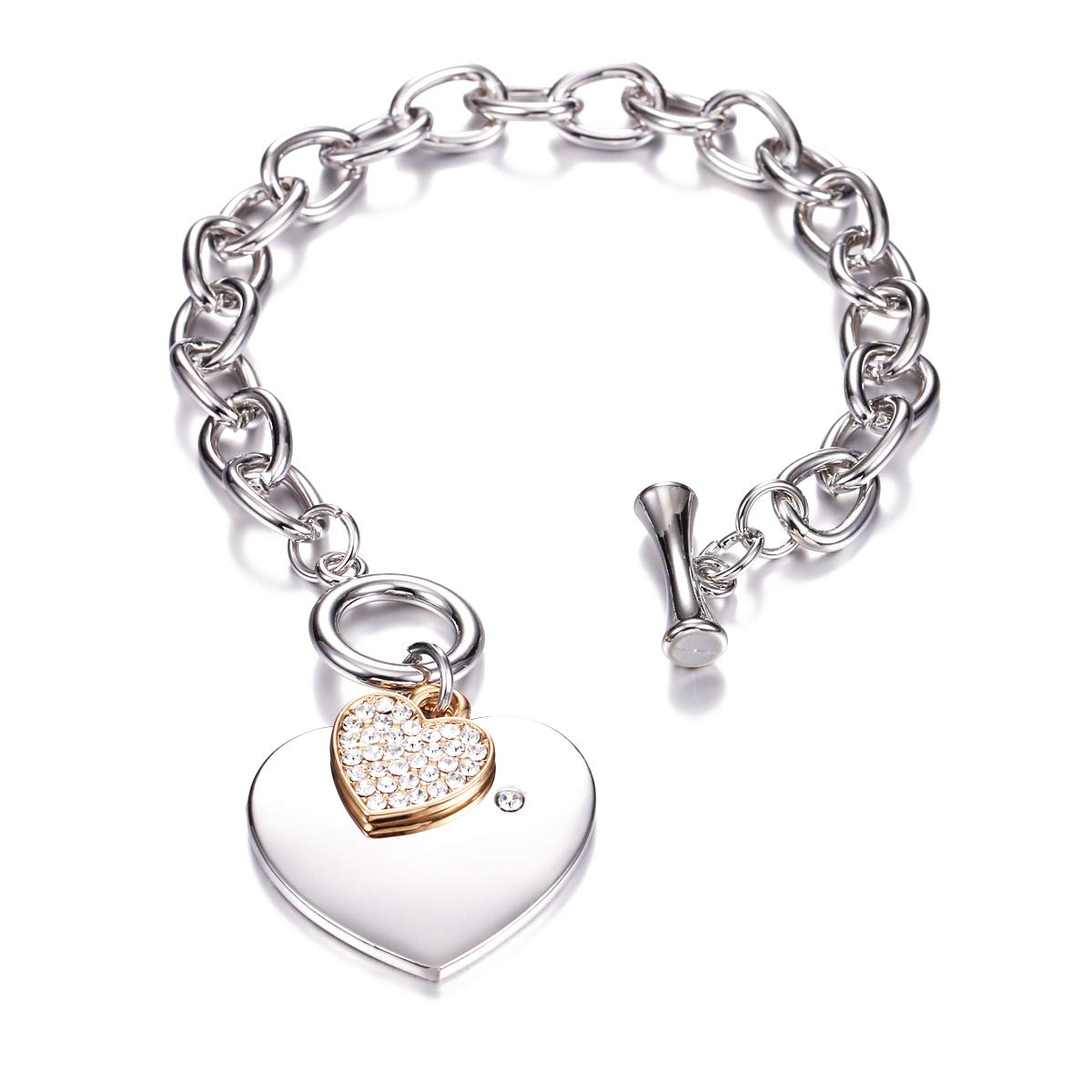 Fashion Link Chain Bracelet Love Heart Shape with CZ Crystal Pendant Bracelet Silver and Gold Plated for Women Girls (Silver Plated(Big Heart))