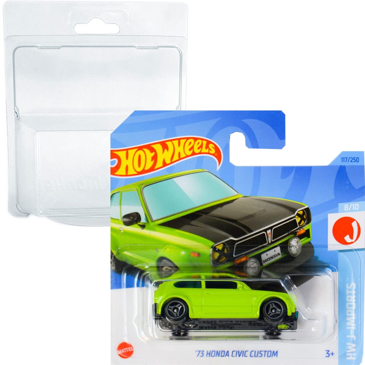 Hot Wheels '73 Honda Civic Custom HW J-Imports 8/10 (117/250) HKG40 Short Card Mattel 2023 + Blister & Card Protector Pack Friki Monkey
