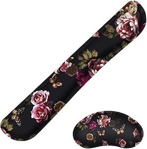 HAOCOO Ergonomic Keyboard Wrist Rest Pad and Mouse Pad Wrist Support Set with Non-Slip Backing Memory Form-Filled, Easy-Typing and Pain Relief for Gaming Office Computer Laptop (Flowers Butterflies)