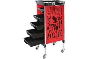 BARBERPLAN Salon Trolley Cart on Wheels, Multifunction 5 Drawer Hair Stylist Salon Station Rolling Cart Professional Hairdresser Hair Dye Storage Trolley Beauty Barber Moveable Station Trolley (RED)