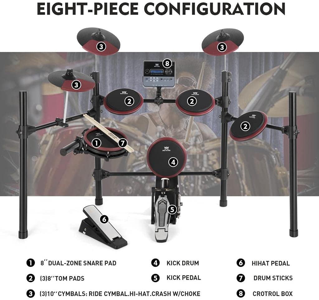 MUSTAR Electronic Drum Set, 10 Piece Electric Drum Set With 225 Sounds