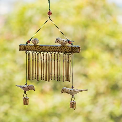 ExclusiveLane Bird Home Decorative Hanging Cum Outdoor Garden Bells Wind Chime (Brown, Wood)