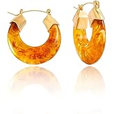 18K Gold Amber Resin U-Shaped Hoop Earrings for Women, Trendy Chunky Statement Huggie Earrings Fashion Jewelry Gift