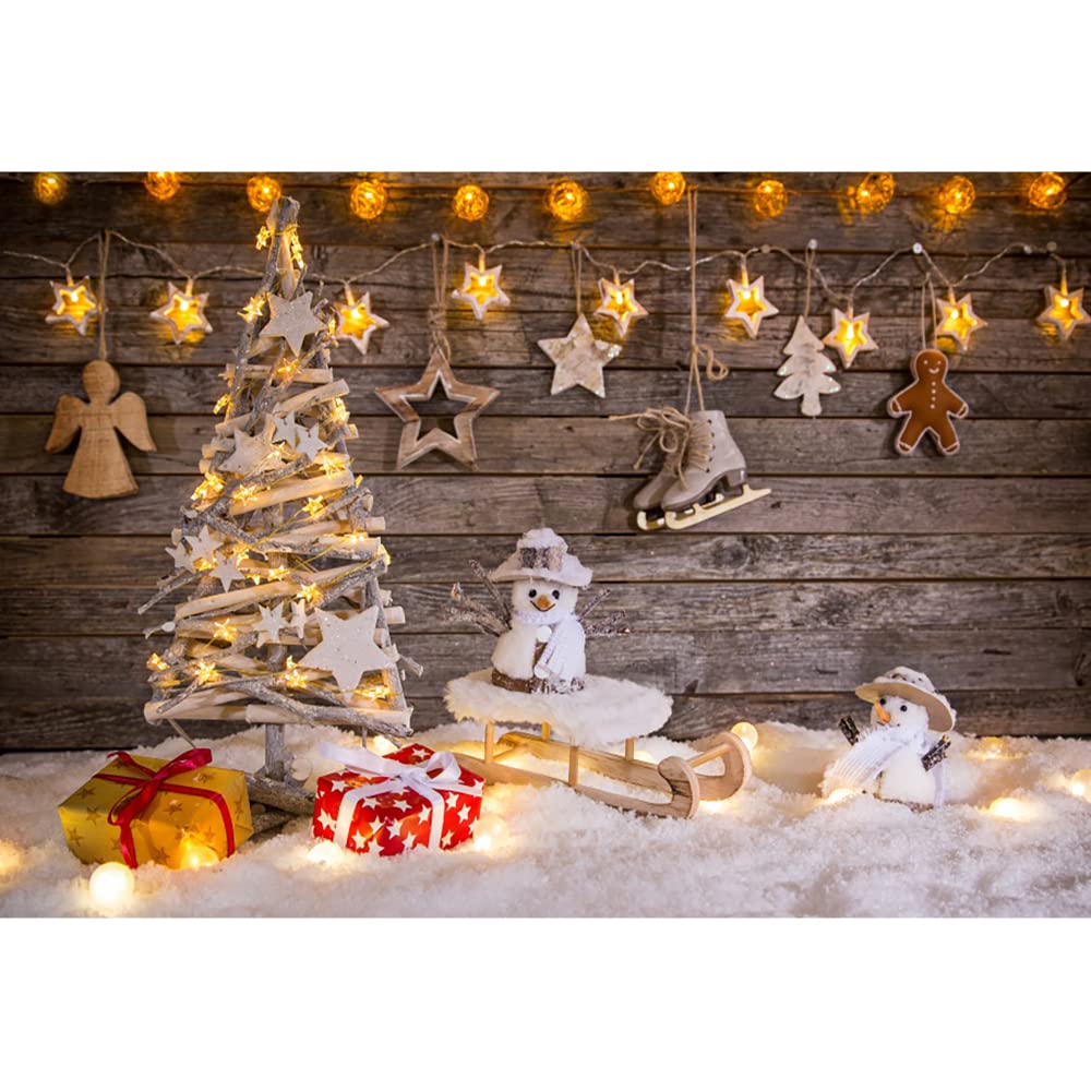 Aoihrraan 2,2x1,5m Christmas Backdrop Glitter Gold Stars Balls Wooden Xmas Tree Snowman Sleigh Skates Snow Floor Brown Wood Wall Photography Background Girls Kids Adults Portrait Photo Studio Props
