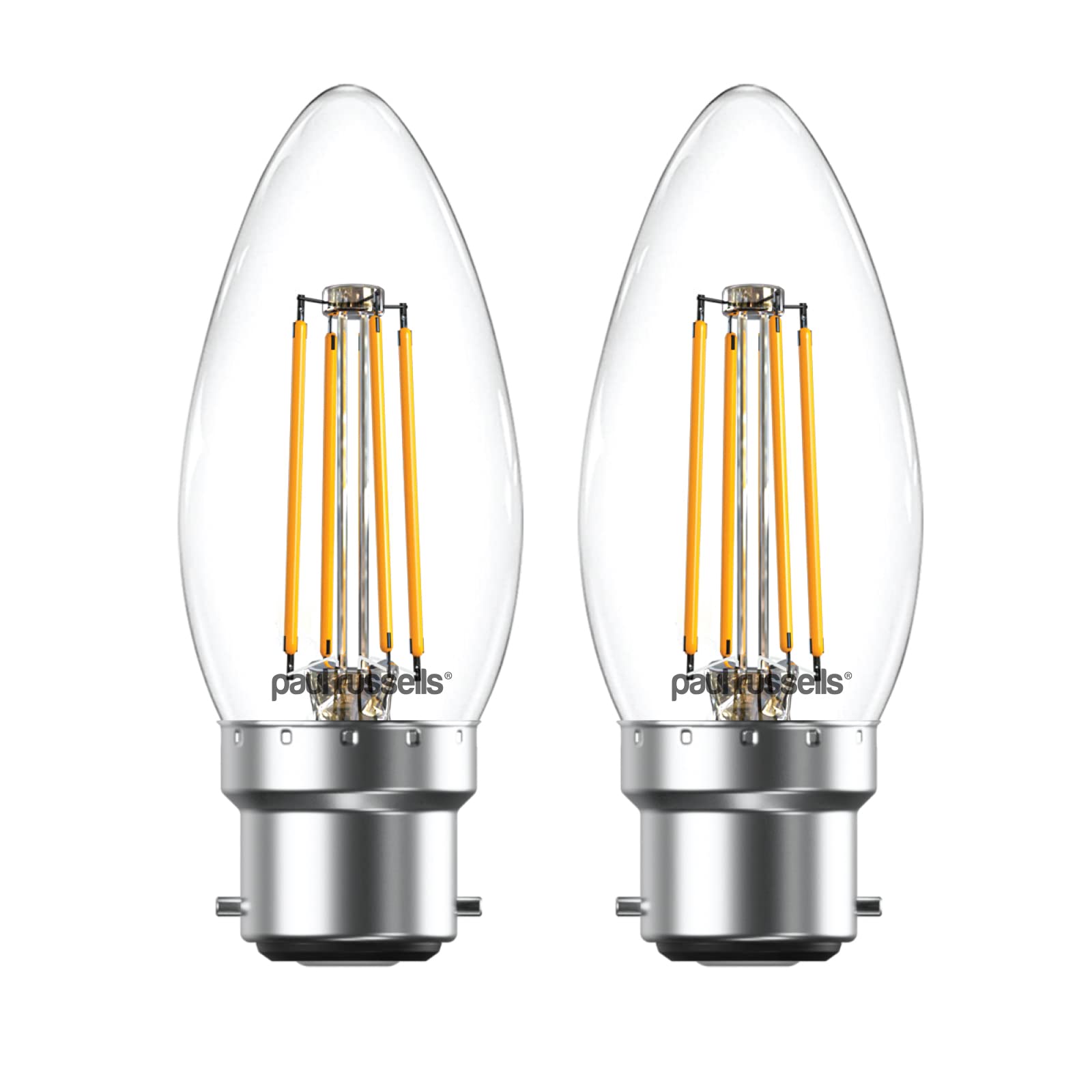 paul russells LED Candle Filament Light – 4.5W 40W Equivalent Replacement, 470LM Lumens, 2700K Warm White, BC B22 Bayonet Cap C35 Bulbs – Bright Energy Saving Non-Dimmable Lamps - Pack of 2