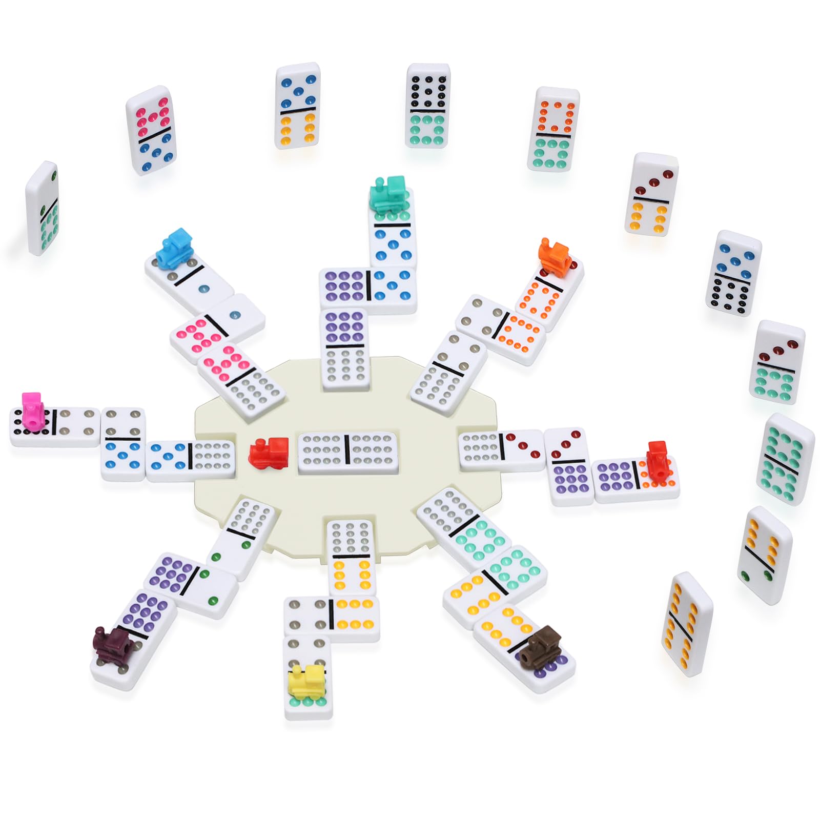 Mexican Train Dominoes Set with 4 Wooden Trays/Racks, Double 12 Dominos Travel Set with 4 Domino Tiles Holders, 91 Tiles Double 12 Colored Dominoes Game Set with Portable Case for Families Kids