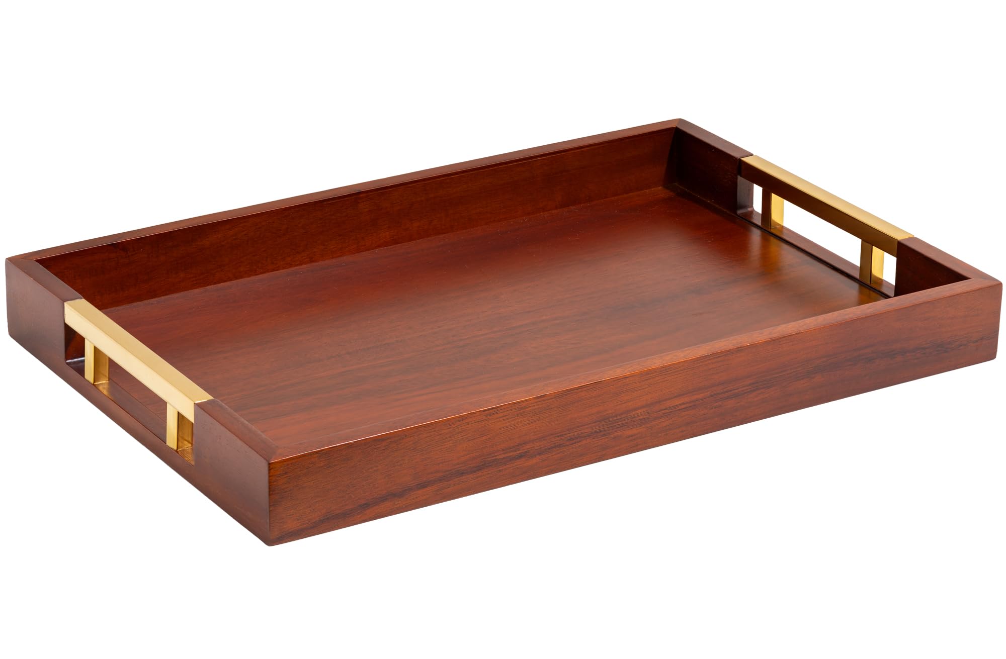 Acacia Wood Serving Tray with Polished Gold Stainless Steel Metal Handles, 17.5x12in Large Ottoman Food Drinks Coffee Table, Breakfast, Dinner & Bar, Kitchen, Bedroom Gift Box Image