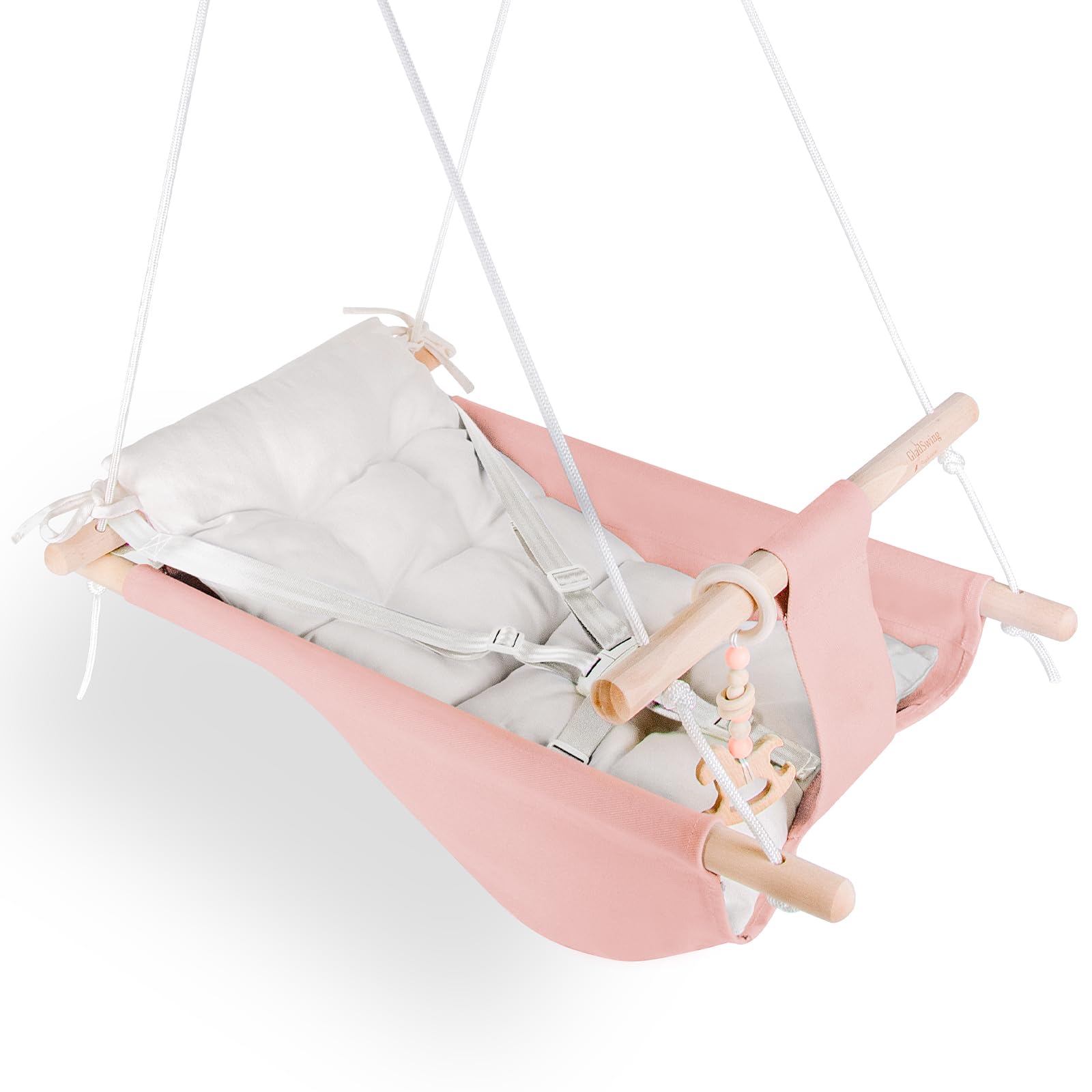 Baby Swing Indoor and Outdoor, Canvas Hammock Swing for Baby to Toddler with a Comfortable Seat, Macaroon Wooden Toy, Adjustable 5-Point Harness,Gift for Baby Boys Girls, 3 Modes, Pink