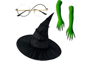 LMLVHH Halloween Witch Costume Set – Witch Hat, Green Claw Gloves & Glasses – 4pcs Dress-Up Kit for Cosplay & Party Fun