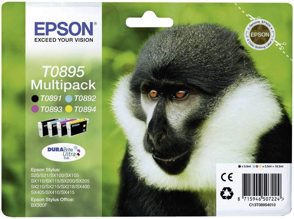 Epson T0895 Monkey Genuine Multipack Ink Cartridges 4 Colour DURABrite