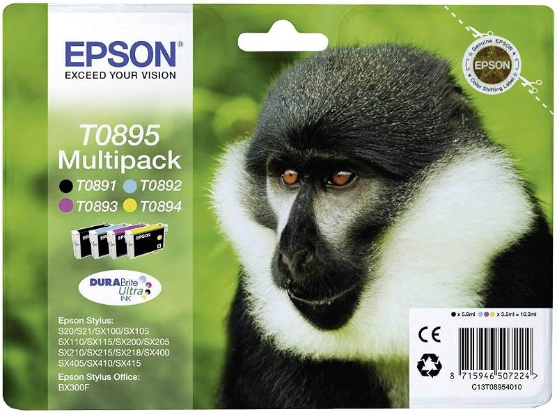 Epson T0895 Monkey Genuine Multipack Ink Cartridges 4 Colour DURABrite