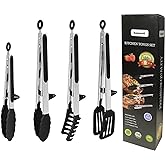 4 Pack Silicone Kitchen Cooking Tongs Set, Stainless Steel Nonstick Food Tong with BPA Free Silicone Tips for Serving Pasta S