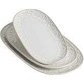 Feenmai Serving Platters Set, 14"/12"/10" Oval Ceramic Serving Plates, Embossed Serving Trays for Party, Oven Dishwasher Safe, Vintage White Serving Dishes for Entertaining, Appetizers, Pasta, Sushi