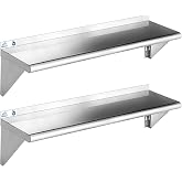 ROCKPOINT Stainless Steel Shelf 12 x 48 Inches 350lb, 2 Pack NSF Commercial Wall Mount Floating Shelving with Backsplash for Restaurant, Kitchen, Home and Hotel, Silver