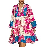 knowfashionstyle Womens Dresses 2025 Summer Boho Floral Button Tunic V Neck Dress Casual Long Sleeve Flowy Loose Shirt Dress