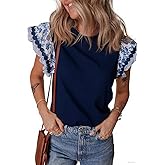 Pinclodly Ruffle Sleeve Tops for Women Bohemian Floral Trim Crewneck Tshirts Casual Loose Patchwork Cap Sleeve Peasant Tops