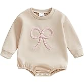 KtwHarnu Newborn Baby Girl Fall Outfit Bow Oversized Sweatshirt Bubble Romper Long Sleeve Sweater Bodysuit One-Piece Jumpsuit