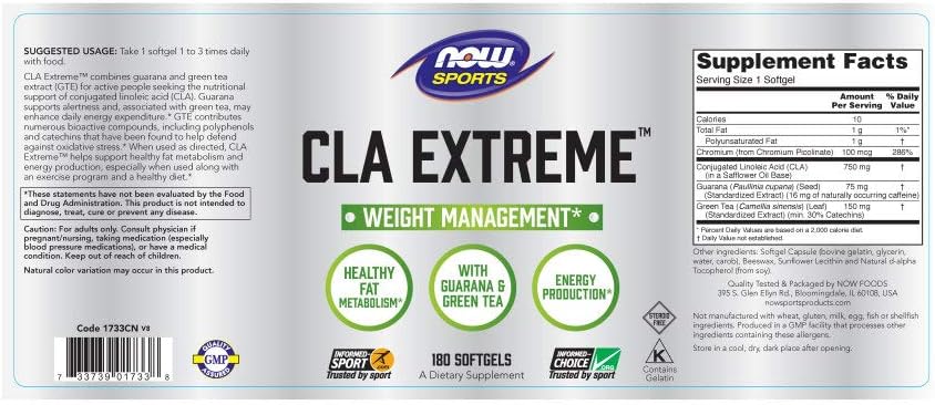 NOW Sports Nutrition, CLA Extreme (Conjugated Linoleic Acid) With Guarana & Green Tea, 180 Softgels: Health & Personal Care