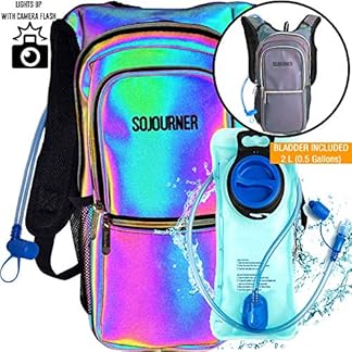 A vibrant Sojourner Rave Hydration Pack Backpack with an iridescent finish, showcasing a 2L (0.5 gallons) water bladder with a bite valve and tube, multiple pockets, and adjustable straps, enhanced with a camera flash effect, perfect for festivals, hiking, biking, and more.