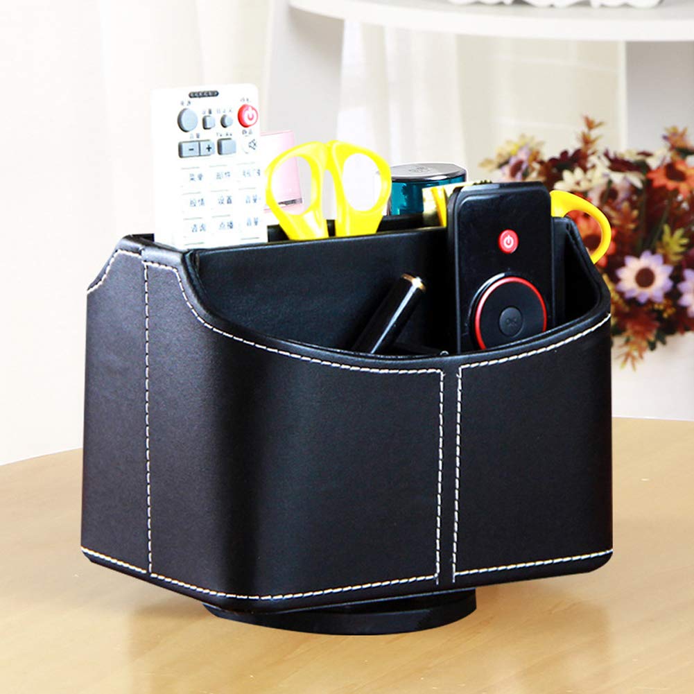 Fosinz Remote Control Holder PU Leather 360 Degree Rotatable Desk Organiser TV Pen Storage Caddy with 5 Compartments for Living Room & Office (Black)