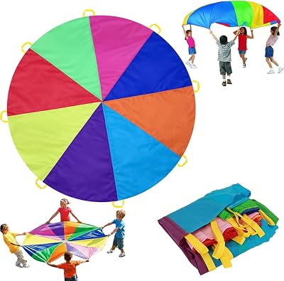 Dimoxii 13.1 ft Rainbow Parachute with 20 Handles for Kids Gym Class