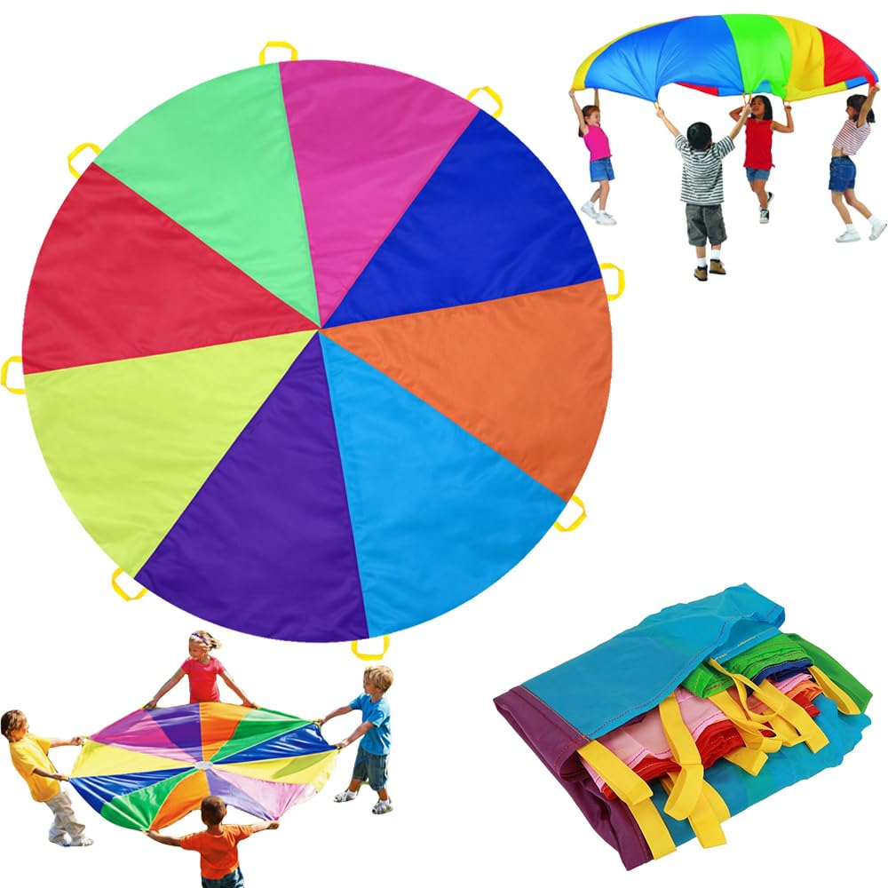 Dimoxii 6.5 FT/13.1 FT Rainbow Parachute with 8 Handles/20 Handles, Gymnastics Play Circus Games for Kids, School Playground Outdoor Activities, Indoor Sports Equipment (2 M/6.5 FT)