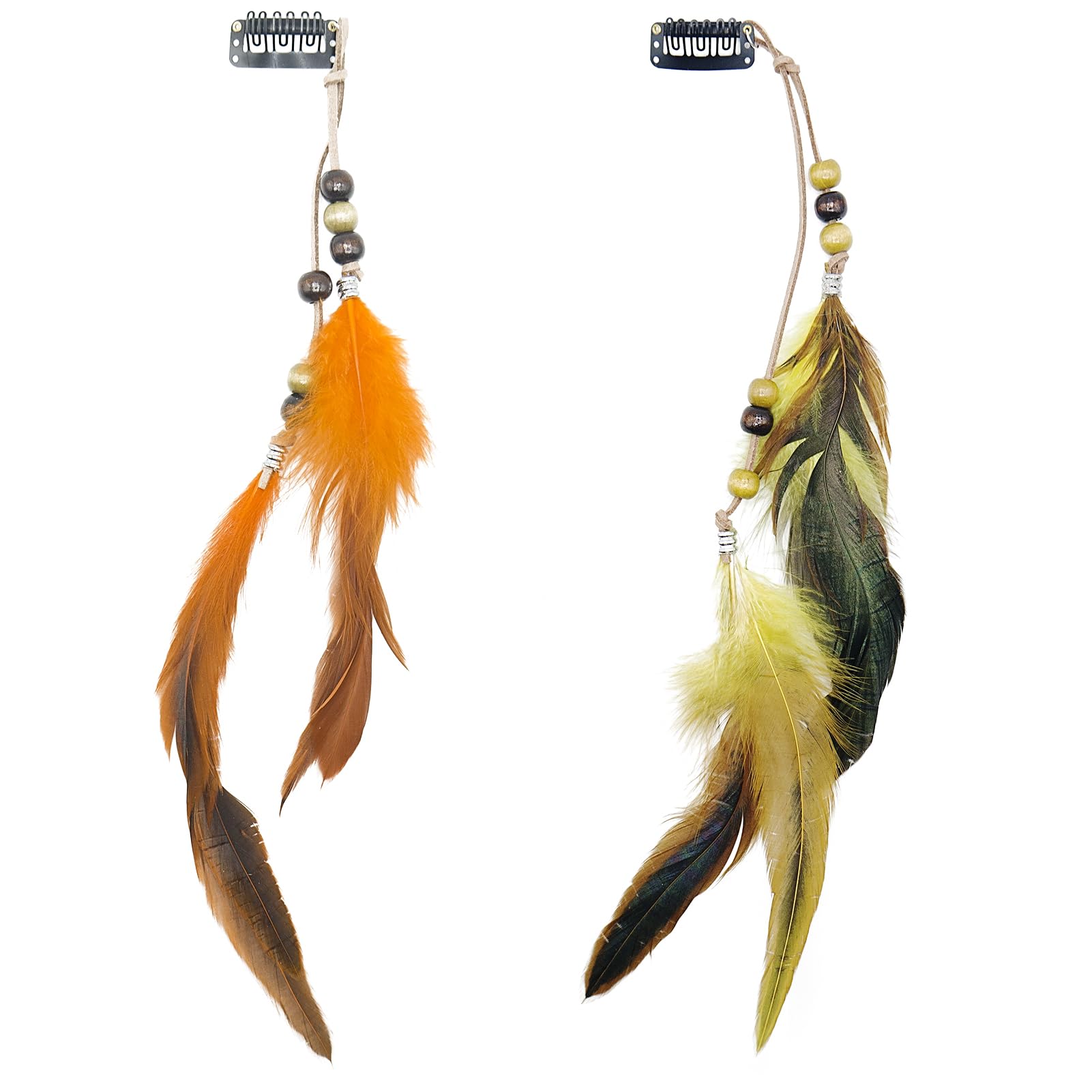 Photo 1 of 2 Pcs Halloween Women Feather Hair Clips, 13 Inch Handmade Bohemian Hippie Hair Clip Comb, Native Tribal Feather Clips Headdress for Photography, Festival, Costume, DIY Present (Gold + Orange)