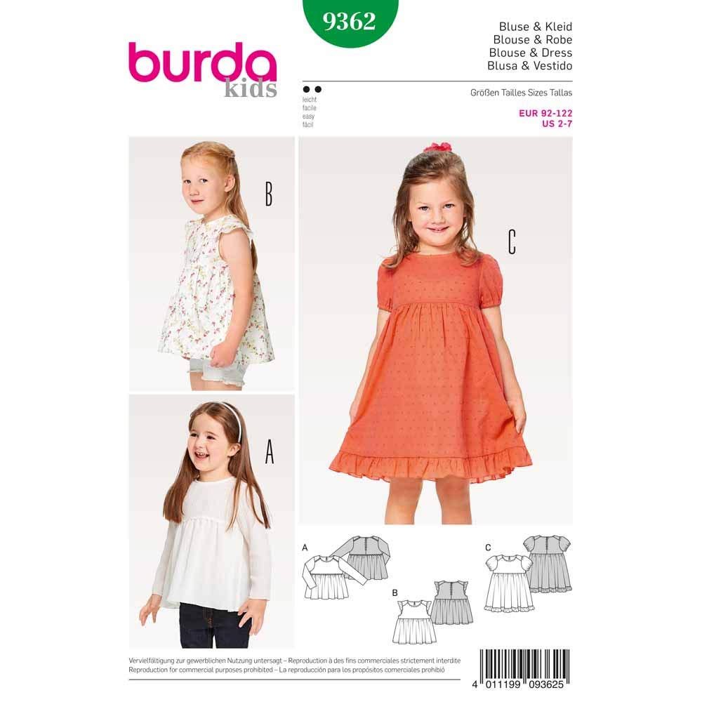 Burda SEWING PATTERN KIDS DRESS & BLOUSE 2-7 9362