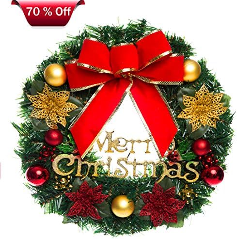 Christmas Wreath, Christmas Wreaths for Front Door, Outdoor Hanger Decorative Garland with Tinkle Bell Bowknot and Small Ornaments, Xmas Wreaths for Front Door, Xmas Wreaths Outdoor (Color2, 12'')