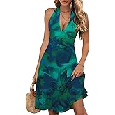 WKIOR Womens Sundress Summer Beach Vacation Sleeveless Halter Neck A-Line 2026 Boho Floral Midi Dress with Pockets