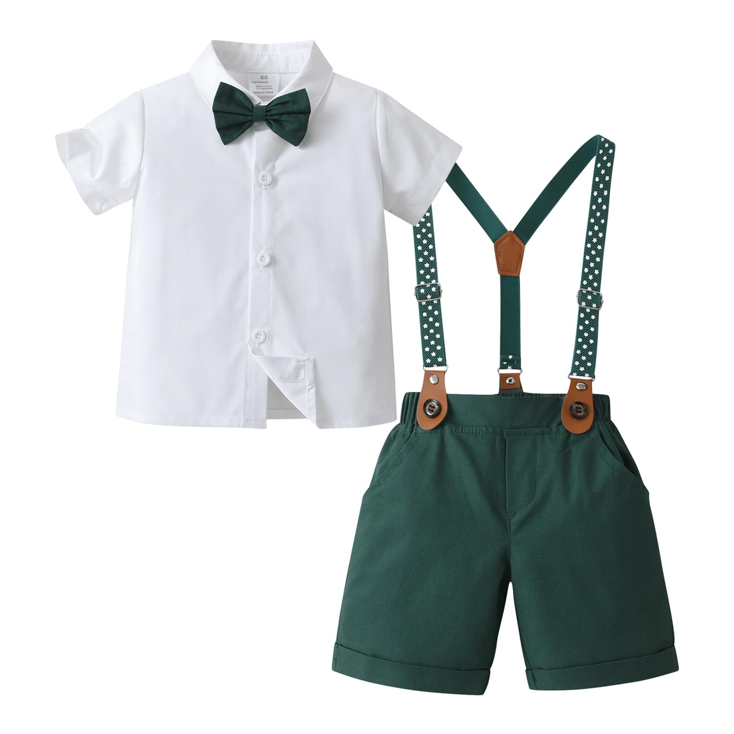 Photo 1 of Boarnseorl Baby Boys Gentleman Outfits Shorts Sets,Infant Shirt + Shorts + Bow Tie + Suspenders,4-5Y