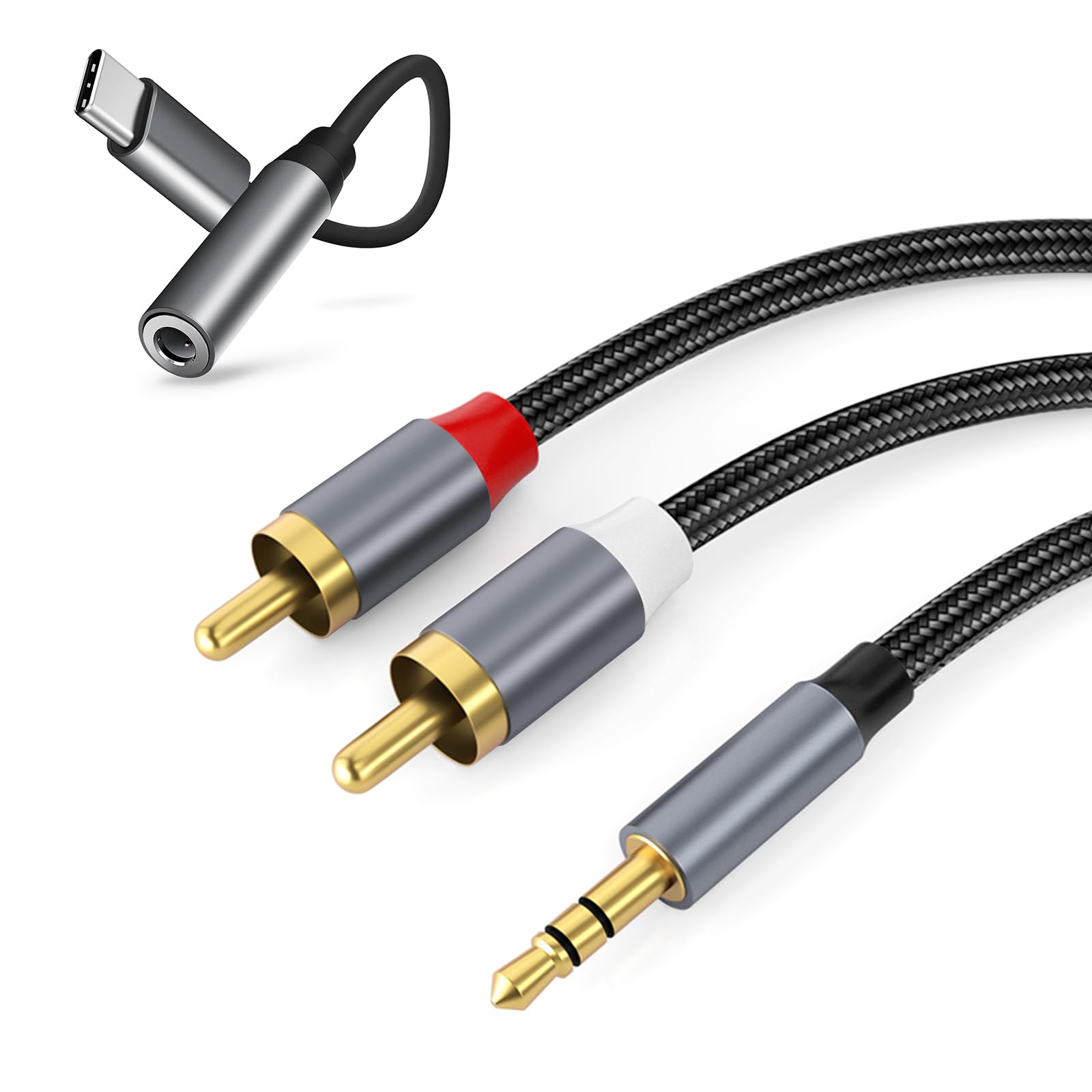 BORLTER CLAMP 3.5mm to RCA Lotus Cable Two-Piece with USB C Audio Cable Adapter, AUX to RCA Audio Adapter Cable, Suitable for Car Mobile Phone, Audio Jack Adapter