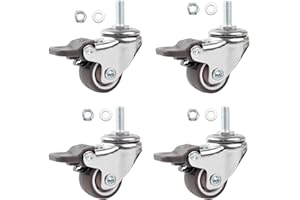 Luxinika 1 Inch Caster Wheels with M6 Threaded Stem, Small Swivel Stem Casters Set of 4 with Brakes, TPE Rubber Rolling 15 mm Screw Wheels for Furniture Tiny Shopping Cart Wire Shelving