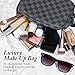 Luxouria Luxury Checkered Makeup Bag for Women, Men Toiletry Travel Pouch | Compact, Portable for Personal Storage, Cosmetics, Make Up | PU Leather with Zippered Access | Carry-On (Black)