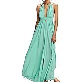 R.Vivimos Boho Maxi Dresses for Women 2026 Summer Sleeveless Halter Elastic Waist Sexy Backless Front Slit Flowy Long Dresses