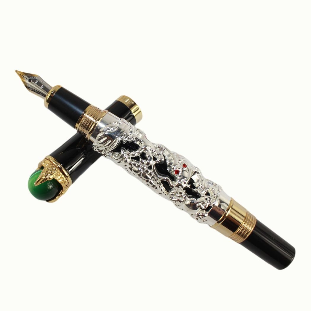Gullor Luxury Silver Chinese Ming Dynasty Emperor Style Dragon Play Jade Ball Fountain Pen Medium nib