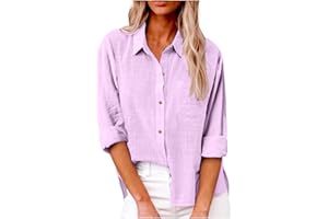 Lainuyoah Summer Long Sleeve Button Down Tops For Women Cotton Linen Collared Blouse 2025 Loose Casual Work Tops with Pockets