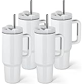 AGH 4 Pack 40 oz White Sublimation Tumbler with Handle, Stainless Steel Straw, Insulated Double Wall Vacuum Reusable Cups with Leakproof Lid