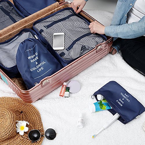 Swify Packing Cubes Set 7 for Travel Luggage Organizer with Toiletry Bag & Shoes Bags, Heavy Duty Compression Packing Pouches (Navy Blue)
