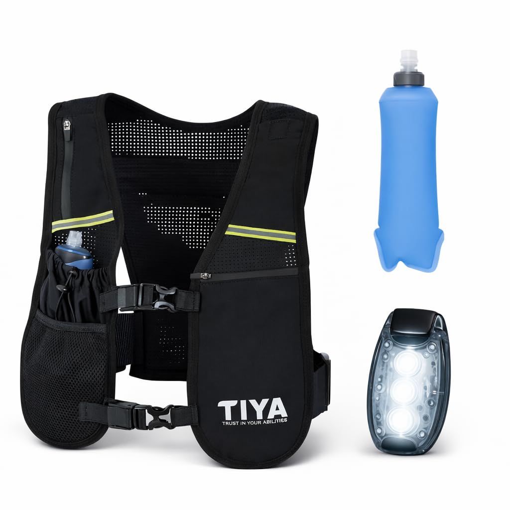 TIYA Hydration Running Vest with Water Bottle & Safety Light - Waterproof Phone Holder Vest, Lightweight, Hi Vis Reflective Runners Gear For Women & Men - Adjustable - 5 Pockets - Black