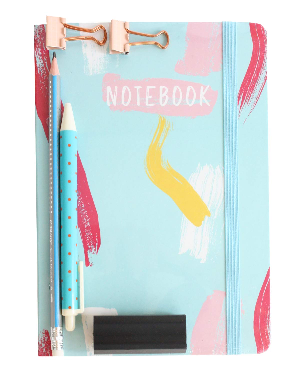Emartbuy A5 Notebook Stationery Gift Set with Gel Pen Pencil Eraser Binder Clips Artistic Journal Set for Students, Teens & Office Use