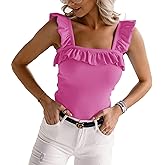 Womens Cute Sleeveless Tank Tops Ruffle Strap Square Neck Blouse Solid Color Knitted Camisole