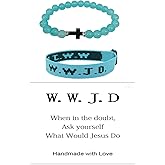 Pingyongchang WWJD Braided Rope Beads Bracelet Set for Women Men What Would Jesus Do Handmade Cross Beads Bracelet Natural Stone Stretch Elastic Bracelet for Women Jewelry