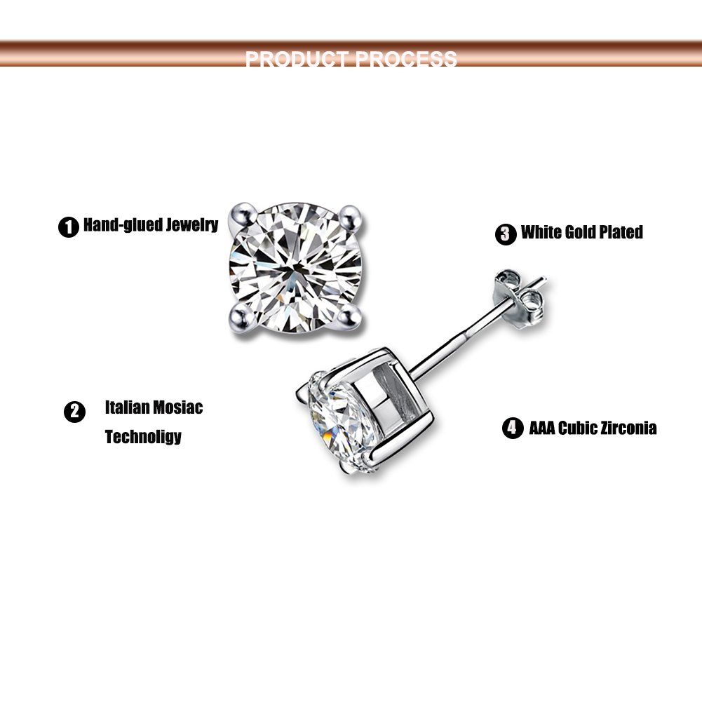 Platinum Plated Round Cubic Zirconia Simple Stud Diamond Earrings for Sensitive Ear,Come with Back