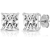 14k White Gold Princess Cut CZ Stud Earrings Real Gold Cubic Zirconia Studs with Solid Gold Backs Square